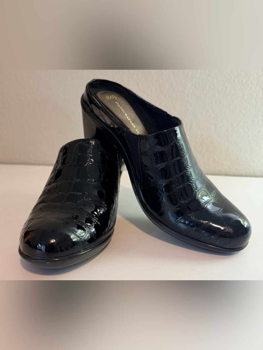 1803 Footwear "Nome" Black Glass Crocodile Leather Mules Clogs - Size 38